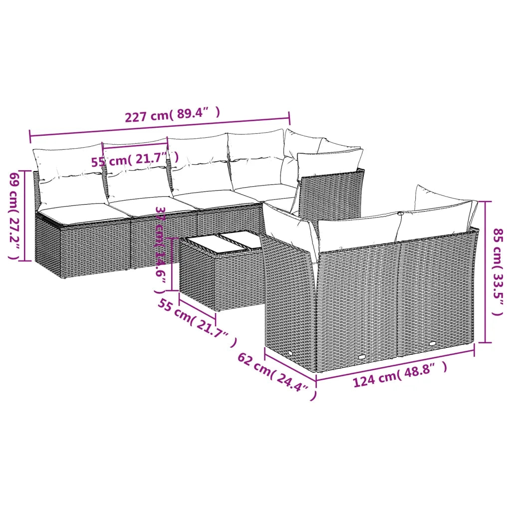 Set Divano da Giardino 8 pz con Cuscini Grigio in Polyrattan