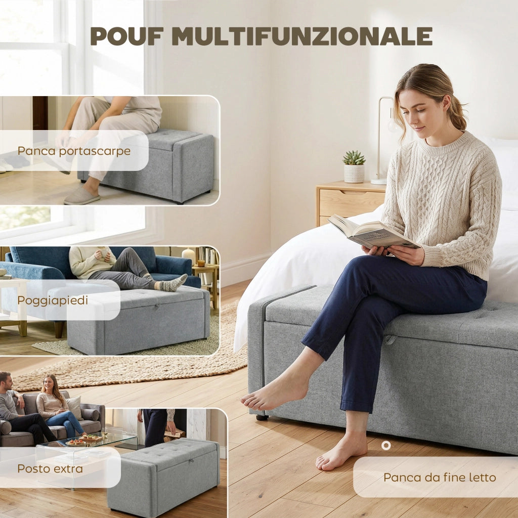 Cassapanca Pouf Contenitore ¨C Minimal ¨C Tessuto Grigio Chiaro 142L