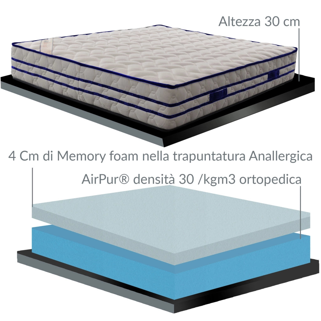 Materasso memory molto alto piazza e mezza 155x190 cm, materasso ALTO 30 CM, ORTOPEDICO, DETRAIBILE, Disp. MEDICO + CUSCINI e tessuto anallergico. Materasso anche per pesi Extra, MEMO30