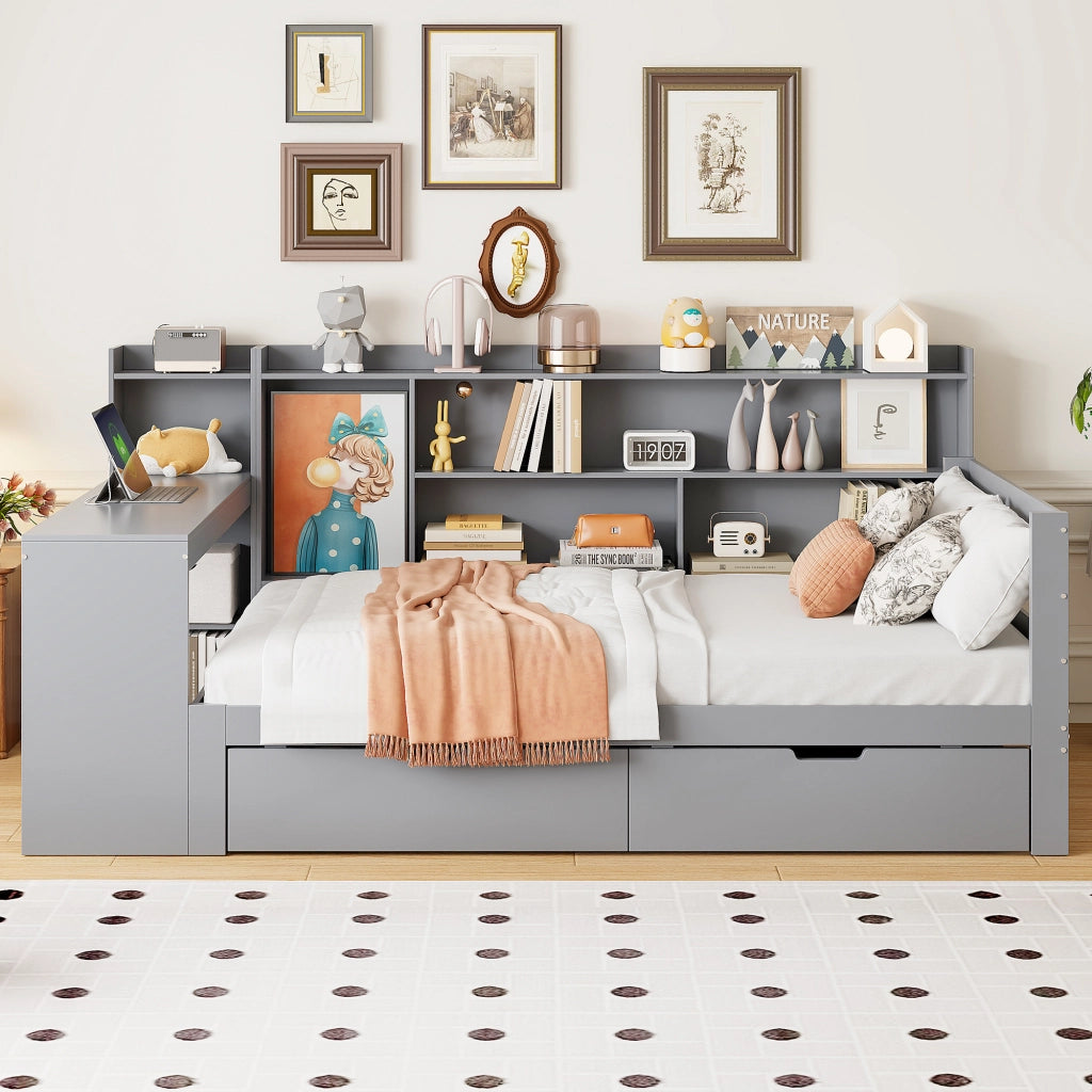 LETTO Multifunzionale 90x200 cm in legno grigio con scrivania, ripiani e cassetti