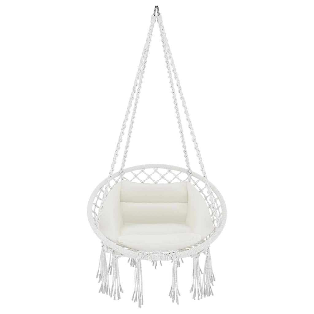 Poltrona Sospesa Pensile Da Giardino Con Corda In Cotone Effetto Macramè E Struttura In Acciaio Cuscino Sedia Dondolo Amaca Con Seduta Imbottita Esterno Terrazzo Design Moderno Fino A 160 Kg Beige
