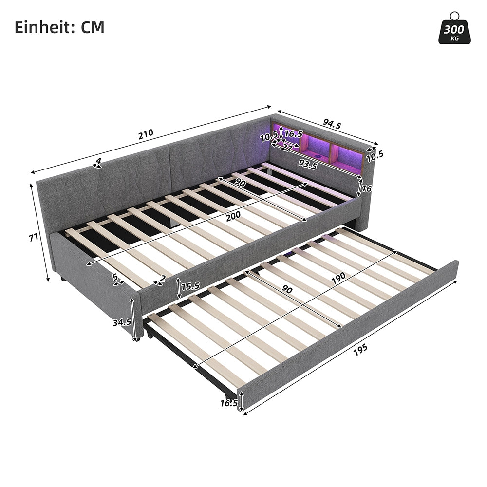 Daybed - Xylo - 90x200 cm LED USB contenitore grigio