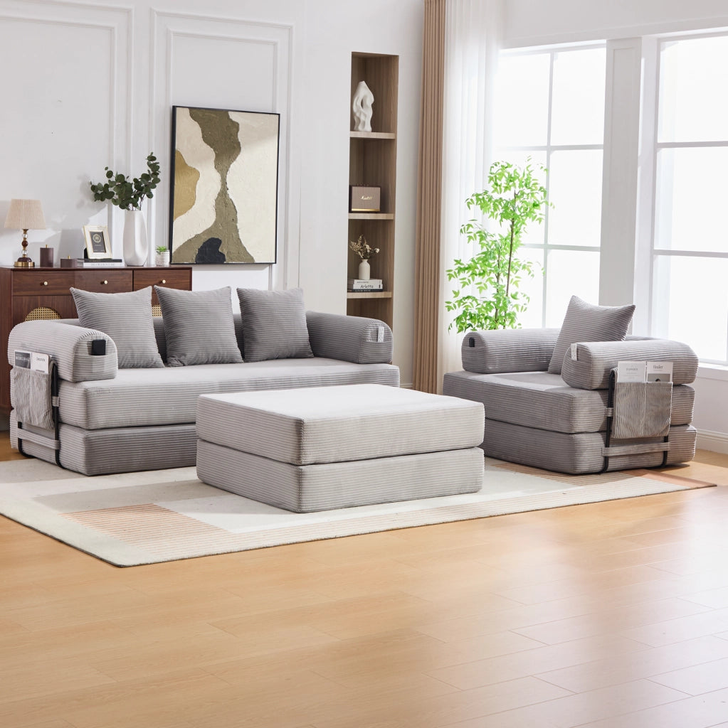 Divano modulare in tessuto a coste grigio chiaro 200x94x67 cm con pouf