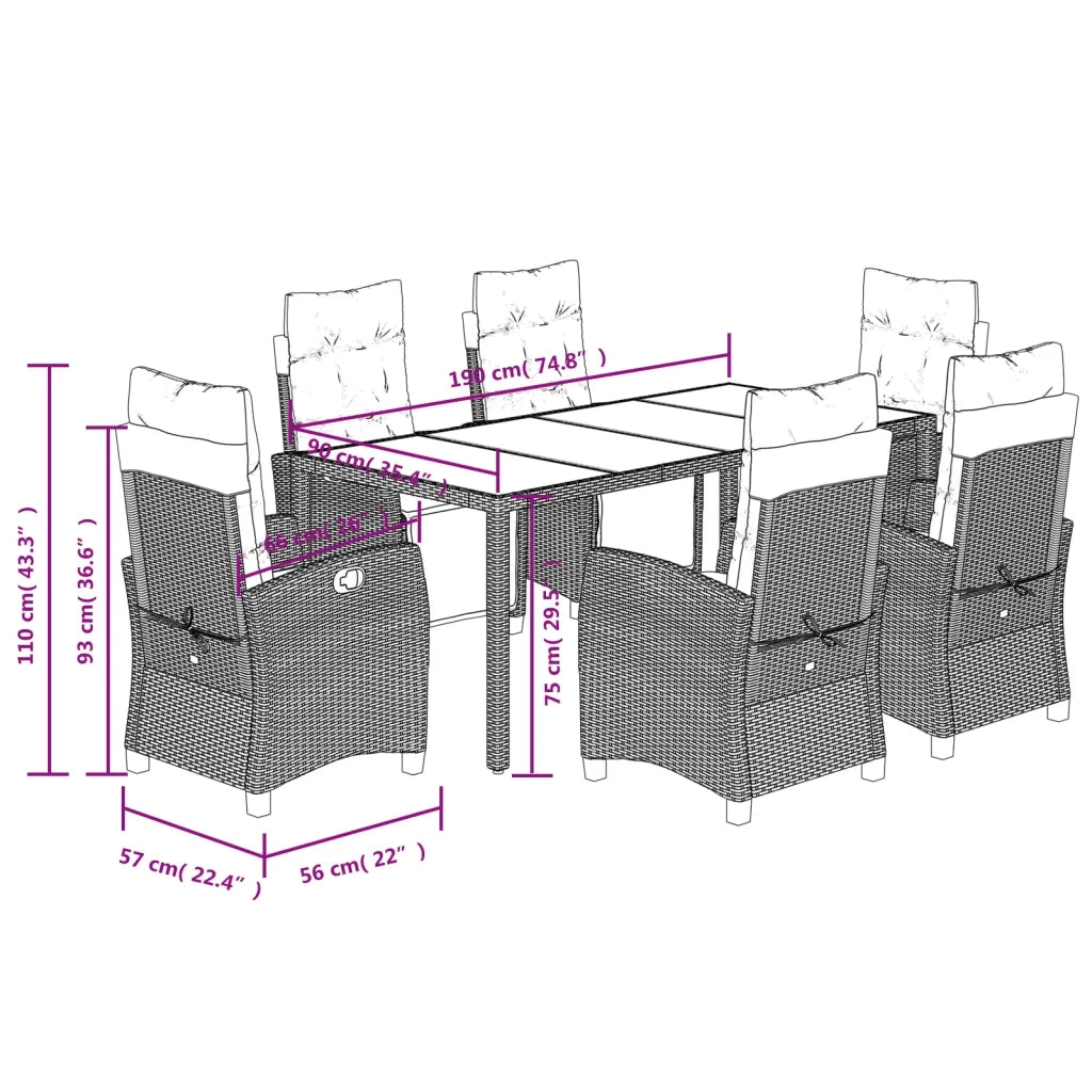 Set da Pranzo da Giardino 7 pz Nero con Cuscini in Polyrattan 3212910