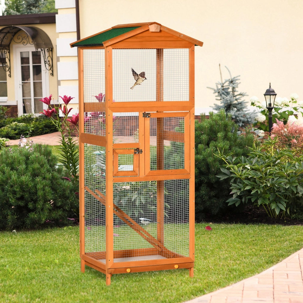 Gabbia per uccelli in legno di abete ¨C Xylo ¨C 2 porte, tetto asfaltato, 68x63x165cm