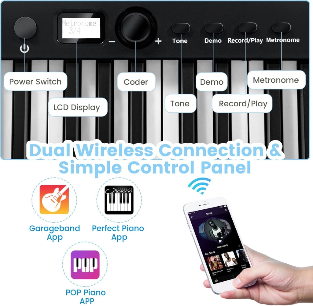 Pianoforte Digitale 88 Tasti Pieghevole, Tastiera Elettronica Multifunzionale con Pedale Sustain per Principianti, Pianola Portatile con Borsa per Pianoforte (Nero)