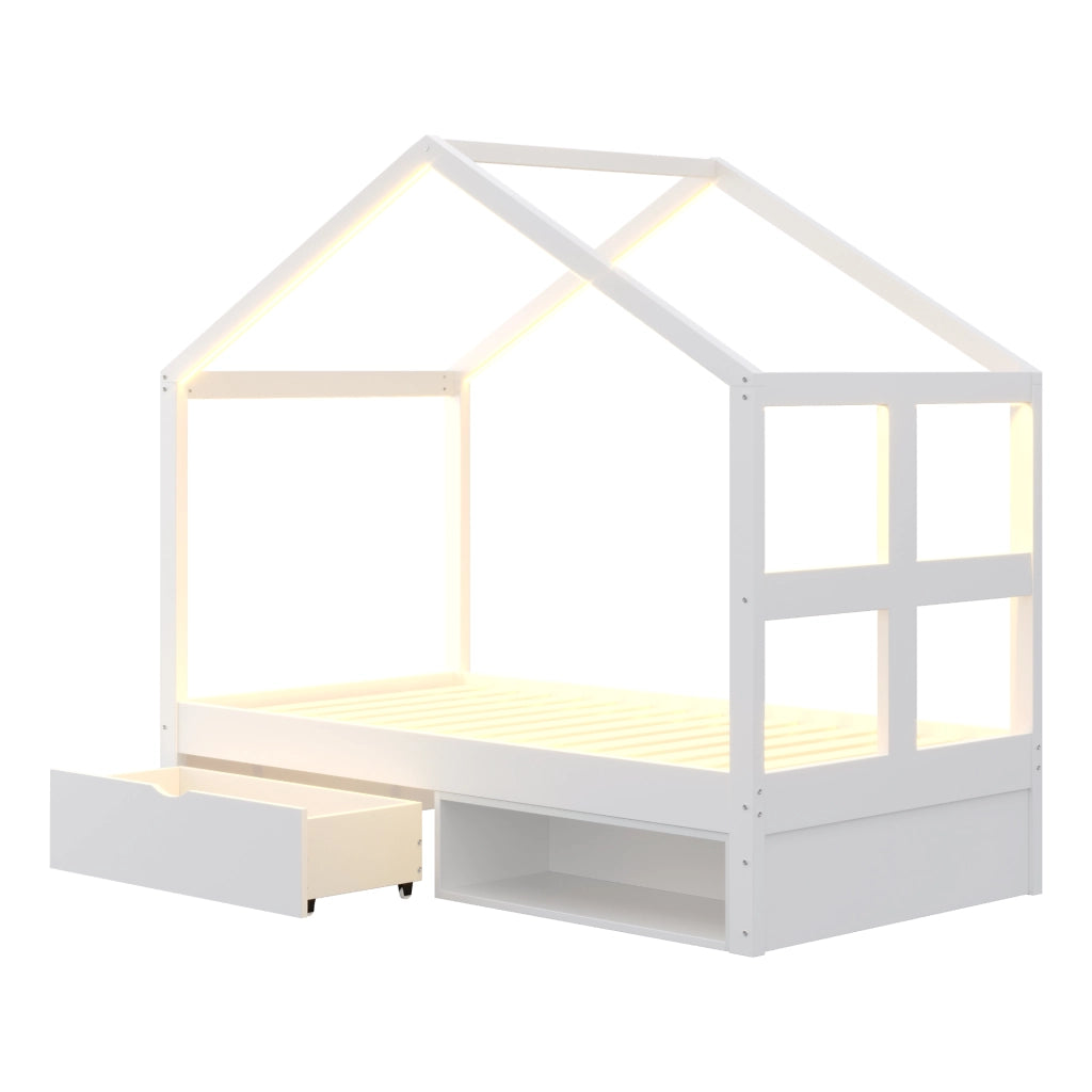 Letto Singolo con Cassetti e LED ¨C MINIMAL ¨C Bianco, Rete a Doghe, 90x190