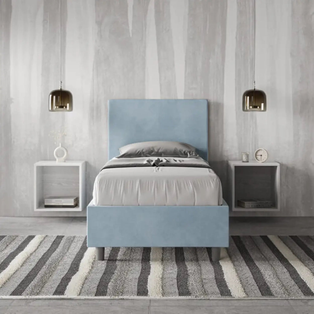 Letto singolo con rete imbottito 80x210 microfibra azzurro Adele