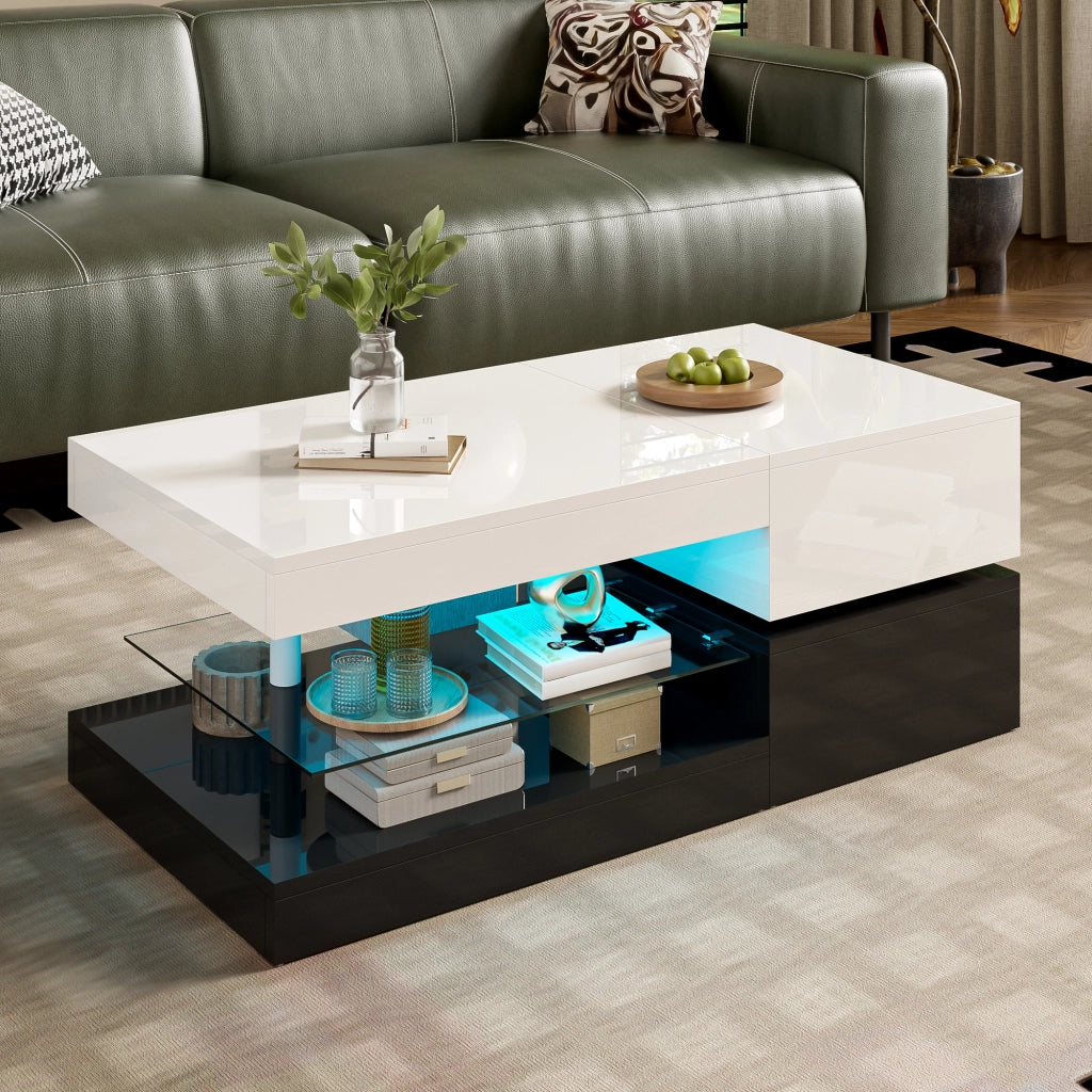 OKWISH Tavolino da Salotto con Ripiano in Vetro e LED, Controllo Bluetooth, per Soggiorno, Nero e Bianco, 90 x 45 x 35.5 cm