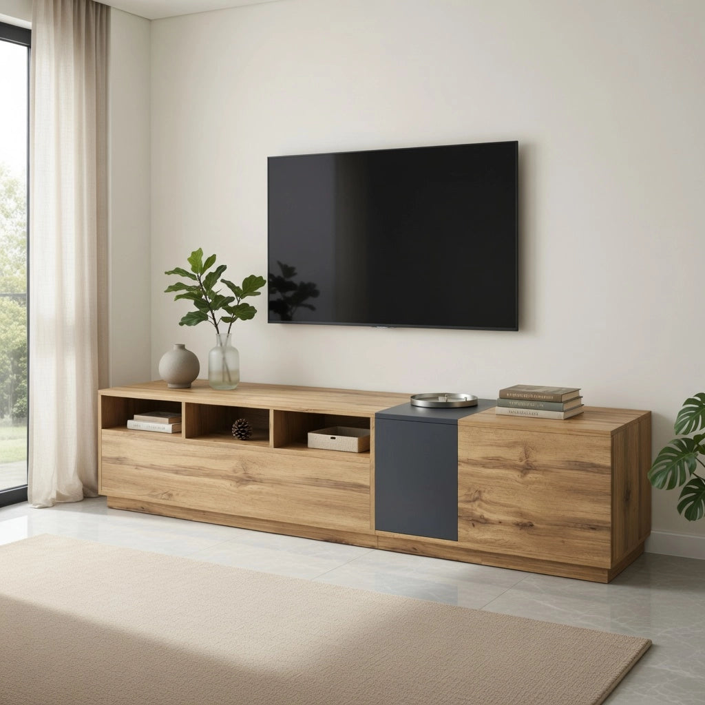 Cassettiera per TV nero-grigia in truciolato lunga 200 cm