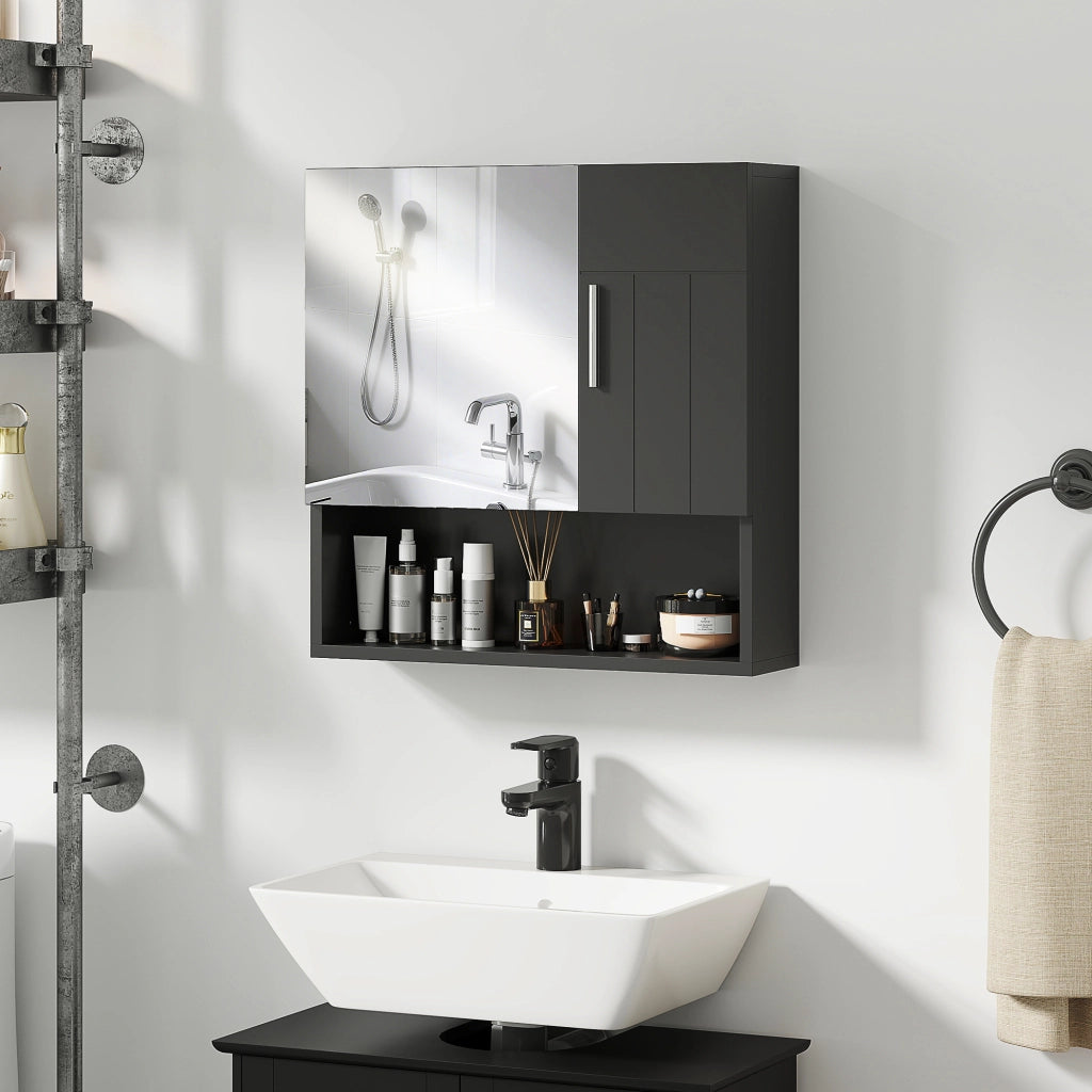 Armadietto Specchiera Bagno in Legno con Mensole Regolabili e Ripiano Aperto ¨C Zephmum ¨C Nero 54x15.2x55.3 cm