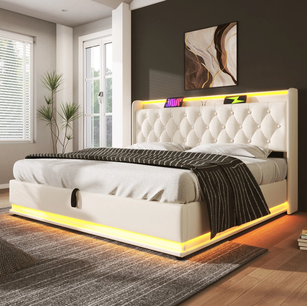 Letto matrimoniale 180x200 cm con contenitore; LED e porte USB e USB C; similpelle bianca