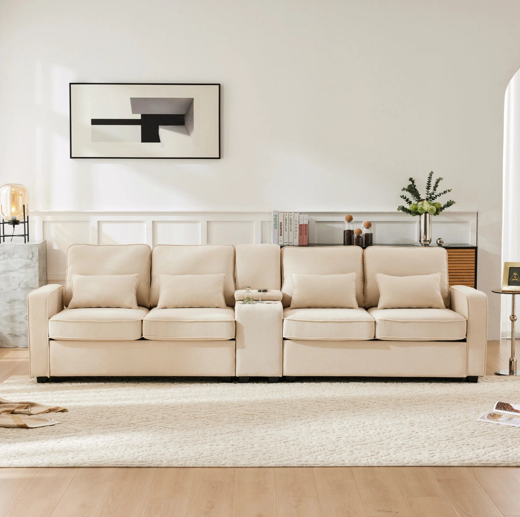 Sofa 4 posti in tessuto effetto lino beige con console; portabicchieri; USB e cuscini