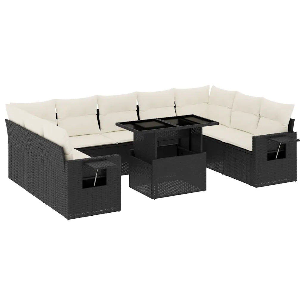 Set Divani da Giardino 10pz con Cuscini in Polyrattan Nero
