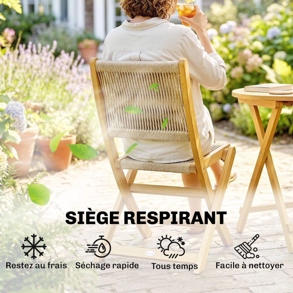 Tavolo da pranzo rotondo allungabile con 2 sedie pieghevoli ¨C Minimal ¨C Legno di acacia, corda PP naturale