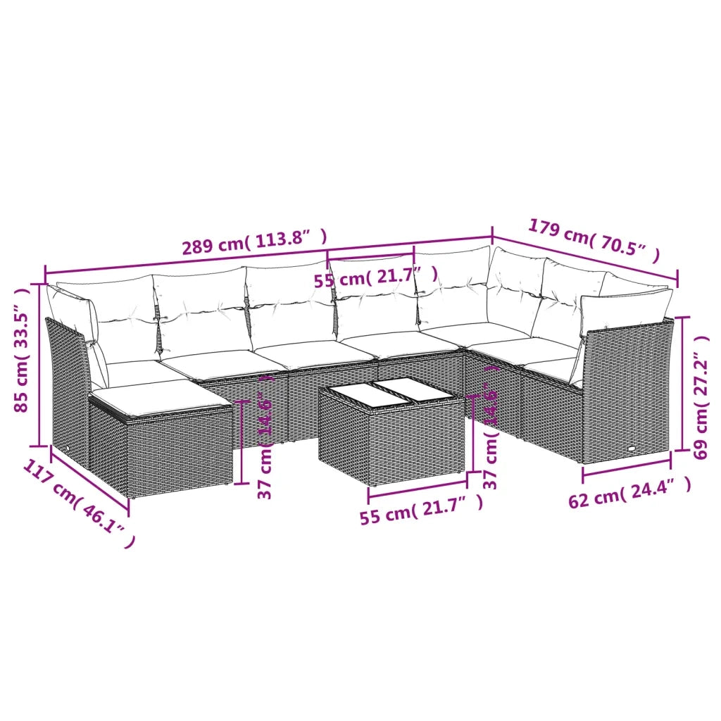 Set Divani da Giardino 9 pz con Cuscini Nero in Polyrattan