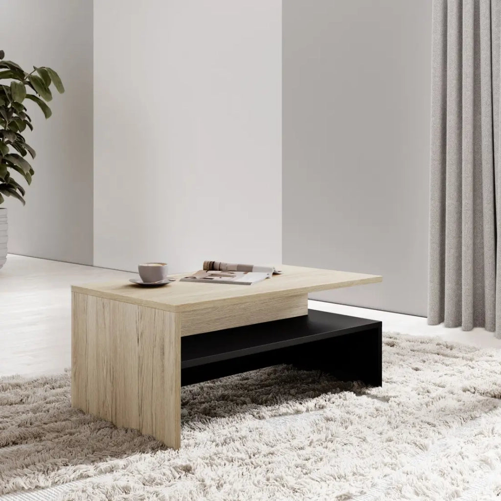 Tavolino basso RAMOS – Rovere e nero – Design contemporaneo – Ripiano pratico per riporre