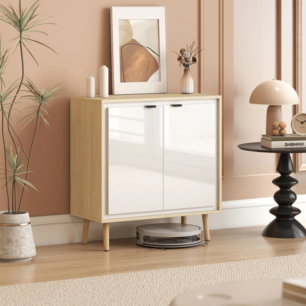 Credenza Moderna a 2 Ante ¨C Minimal ¨C Bianco Lucido e Rovere, 72x35x77 cm