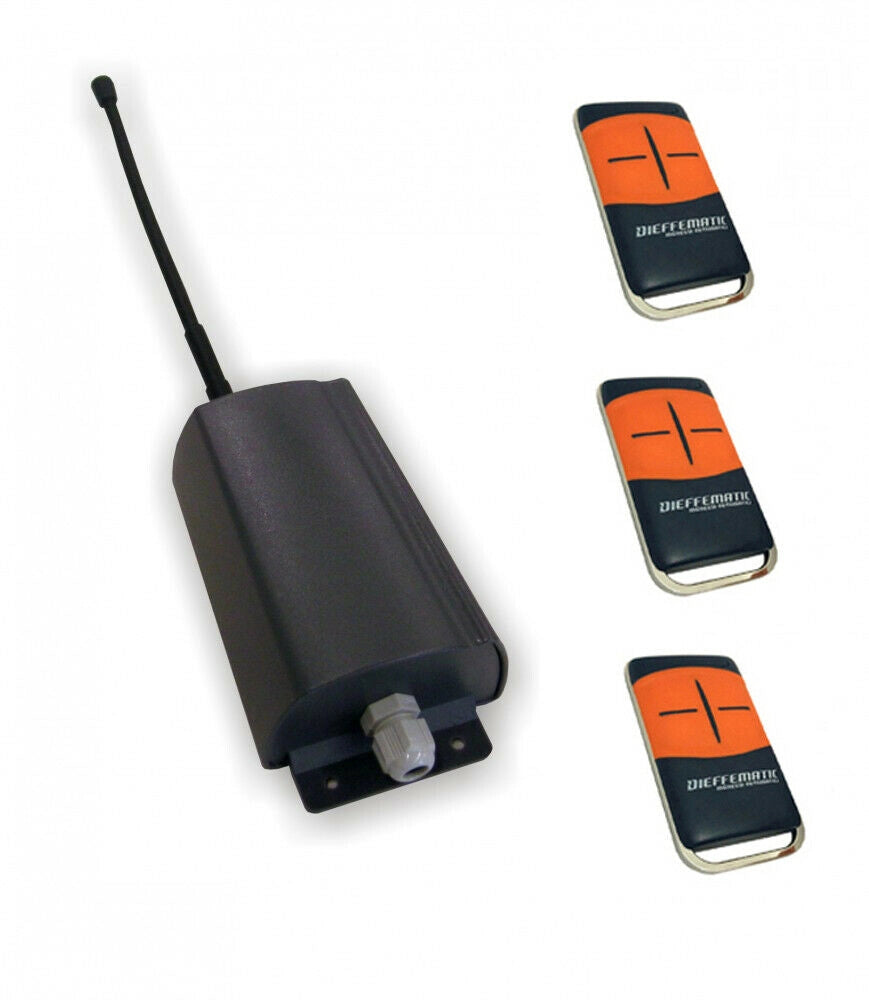 KIT RICEVITORE RICEVENTE CANCELLI AUTOMATICI BOX 230V 2 CANALI + 3 RADIOCOMANDI