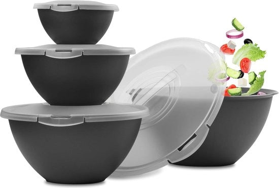 Insalatiera grande, con coperchio, con set di insalata, 0,7-6 l, in antracite e nero, insalataiere grandi in plastica, BPA-free