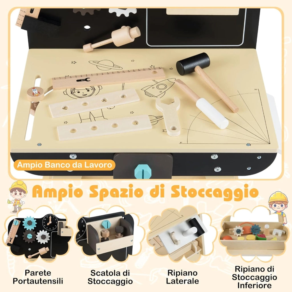 Banco da Lavoro in Legno per Bambini, Set Attrezzi Giocattolo con Martello, Cesello, Chiave Inglese, Ripiani e Ganci per Archivio, Tavolo da Lavoro Giocattolo Officina 3+ Anni