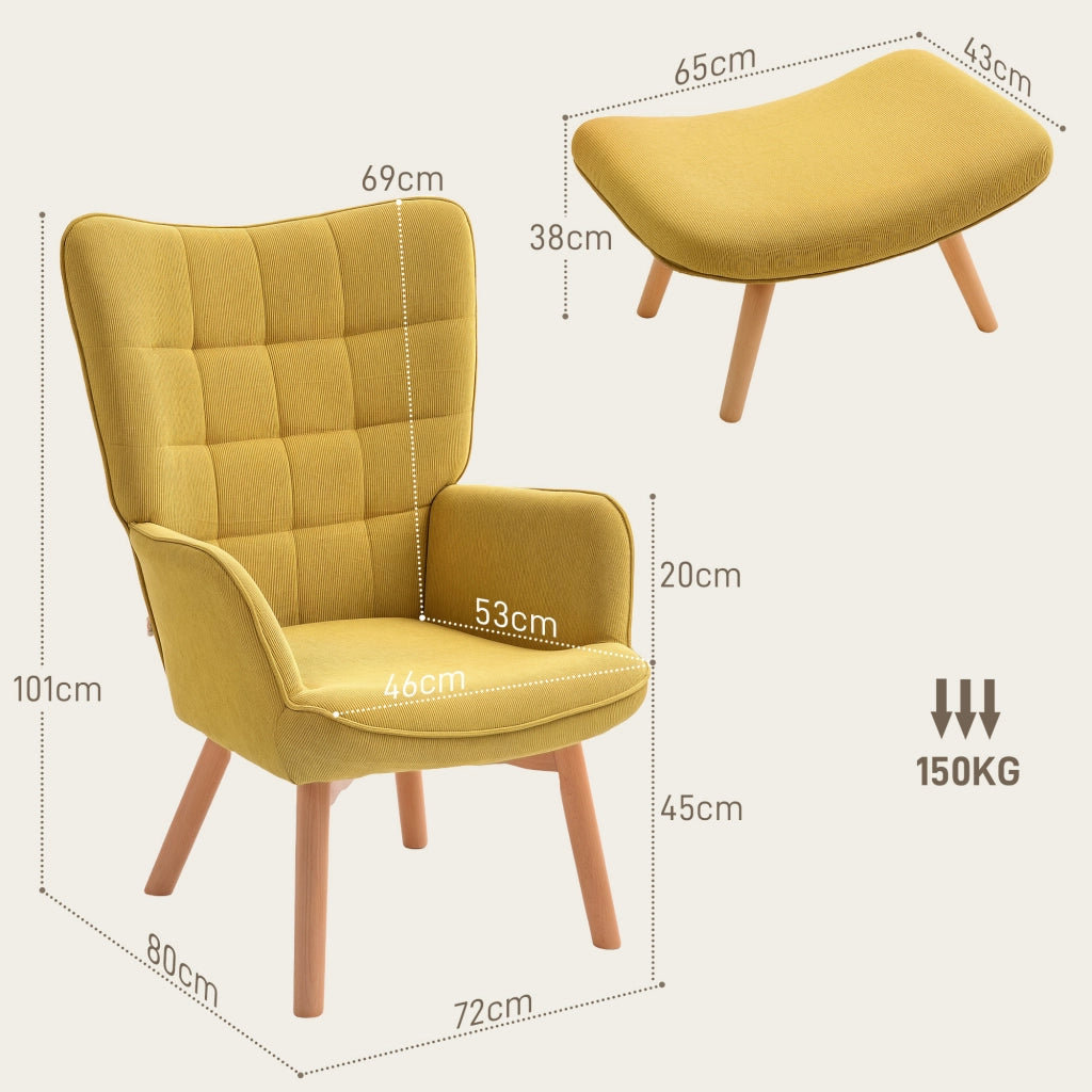 Poltrona relax con poggiapiedi ¨C Xylo ¨C tessuto effetto velluto a coste, gambe in legno, arancione