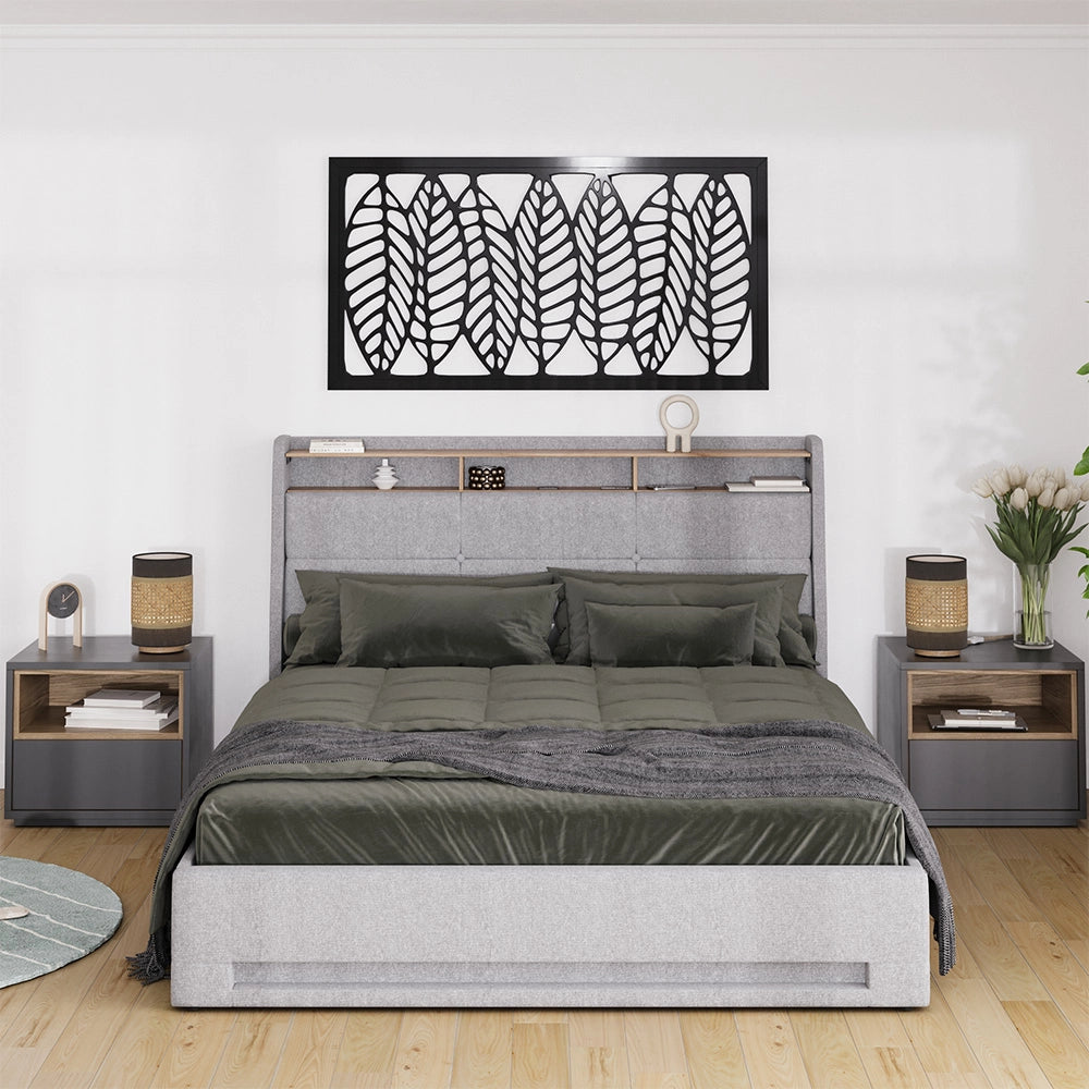 Vitalispa Letto imbottito Grigio/quercia 160x200 con LED e porta USB