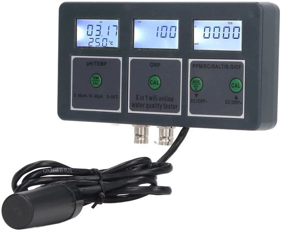 Multiparametro Tester di Acqua per Acquari - 8 in 1 - Monitoraggio Online - PH Metro - Ricaricabile - Preciso e Facile da Usare