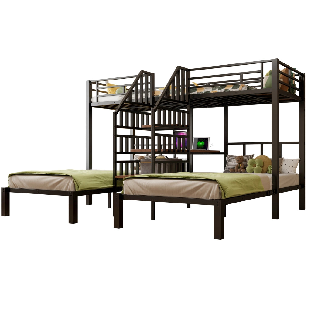 Letto a castello 90x200 cm - Zephmum- 3 posti, LED, scrivania, scaffale, USB, nero
