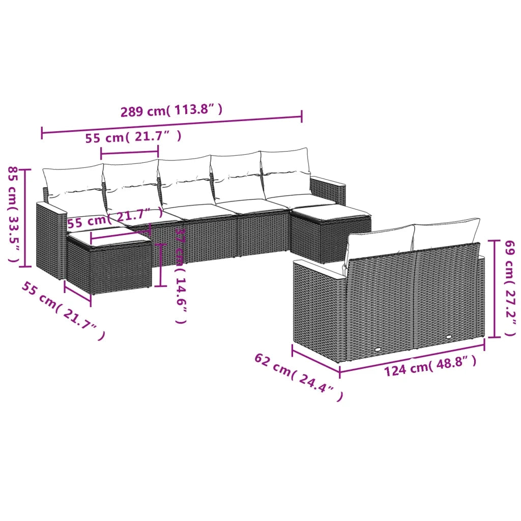Set Divano da Giardino 9 pz con Cuscini Beige in Polyrattan