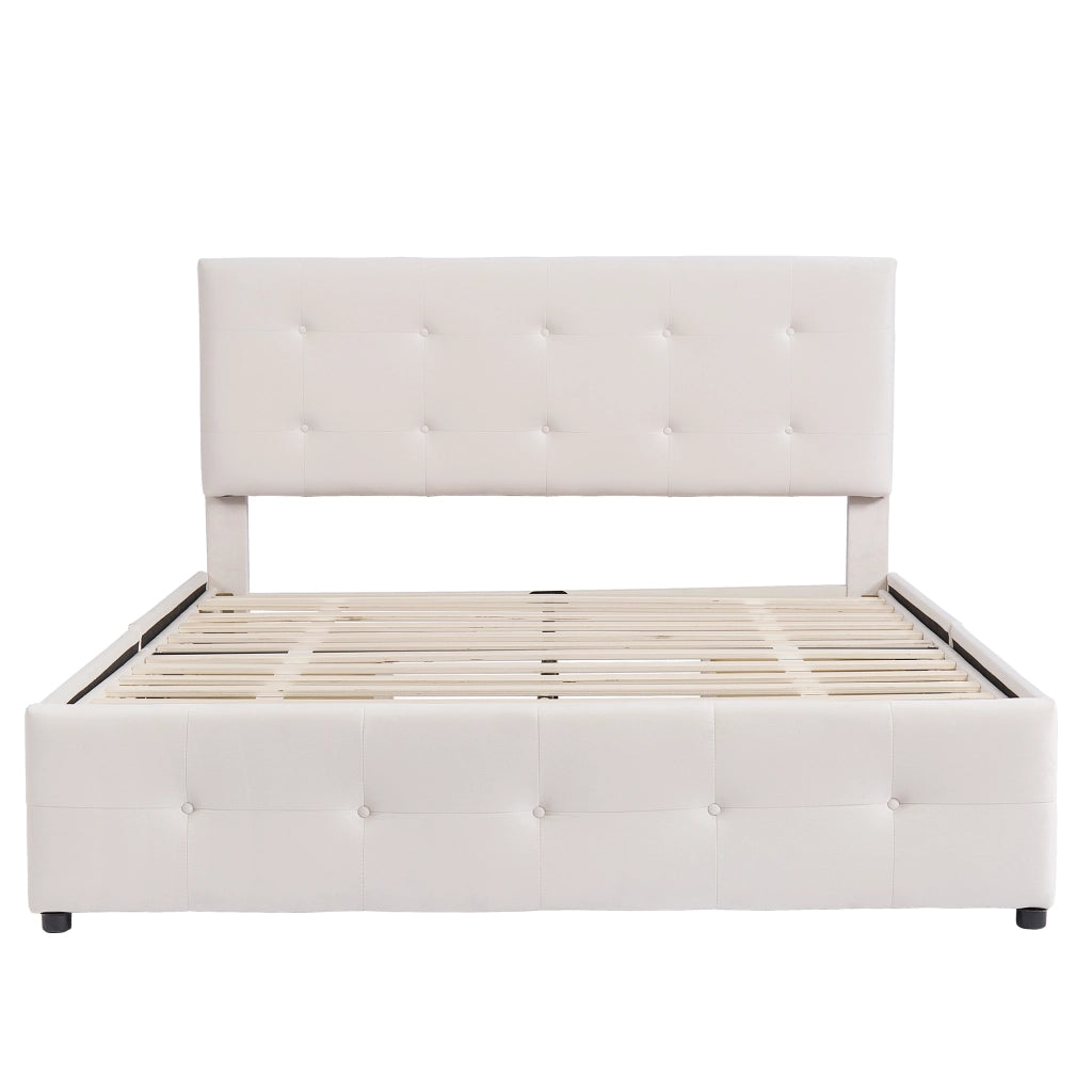 Letto matrimoniale imbottito; 140x200cm; cassetti Testiera Pelle Friendly; Beige