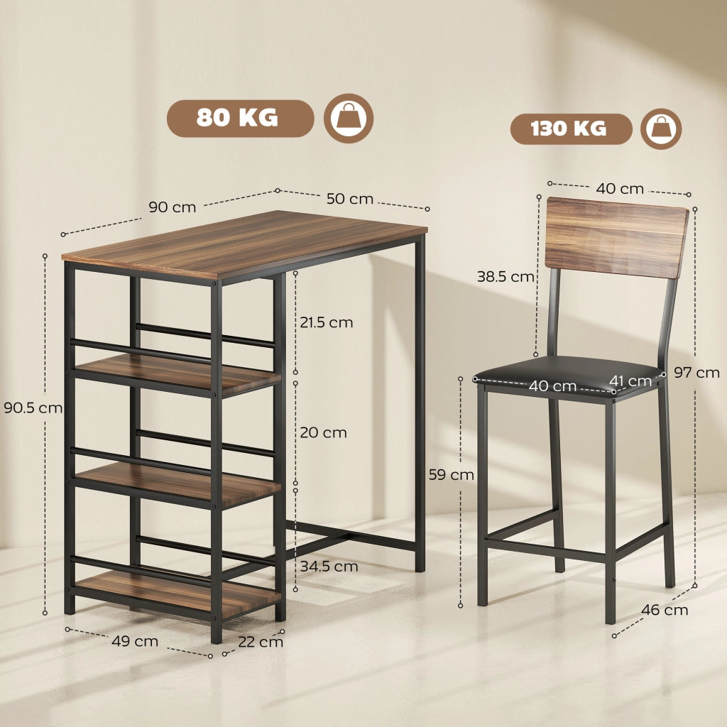 Tavolo da bar con sgabelli ¨C zephmum ¨C 3 ripiani, legno e acciaio, nero e noce