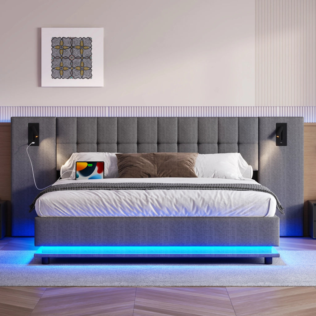 LETTO Imbottito 180x200 cm Grigio con LED, USB e spot, senza materasso