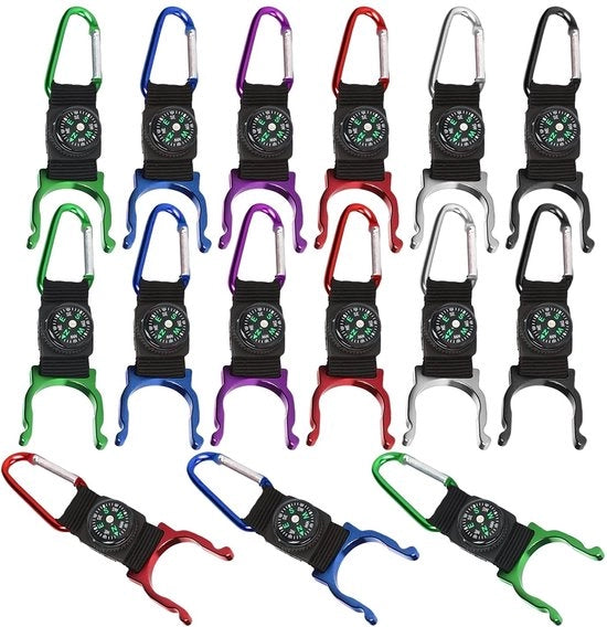 Supporto per Bottiglia - 15 Pezzi - Lega Alluminio - Compatta - Con Bussola - Adatta per Escursioni/Camping - Sostenibile - Clip per Bottiglia