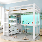 Letto a soppalco 140x200 bianco con scrivania, 2 cassetti, ripiani, LED e USB