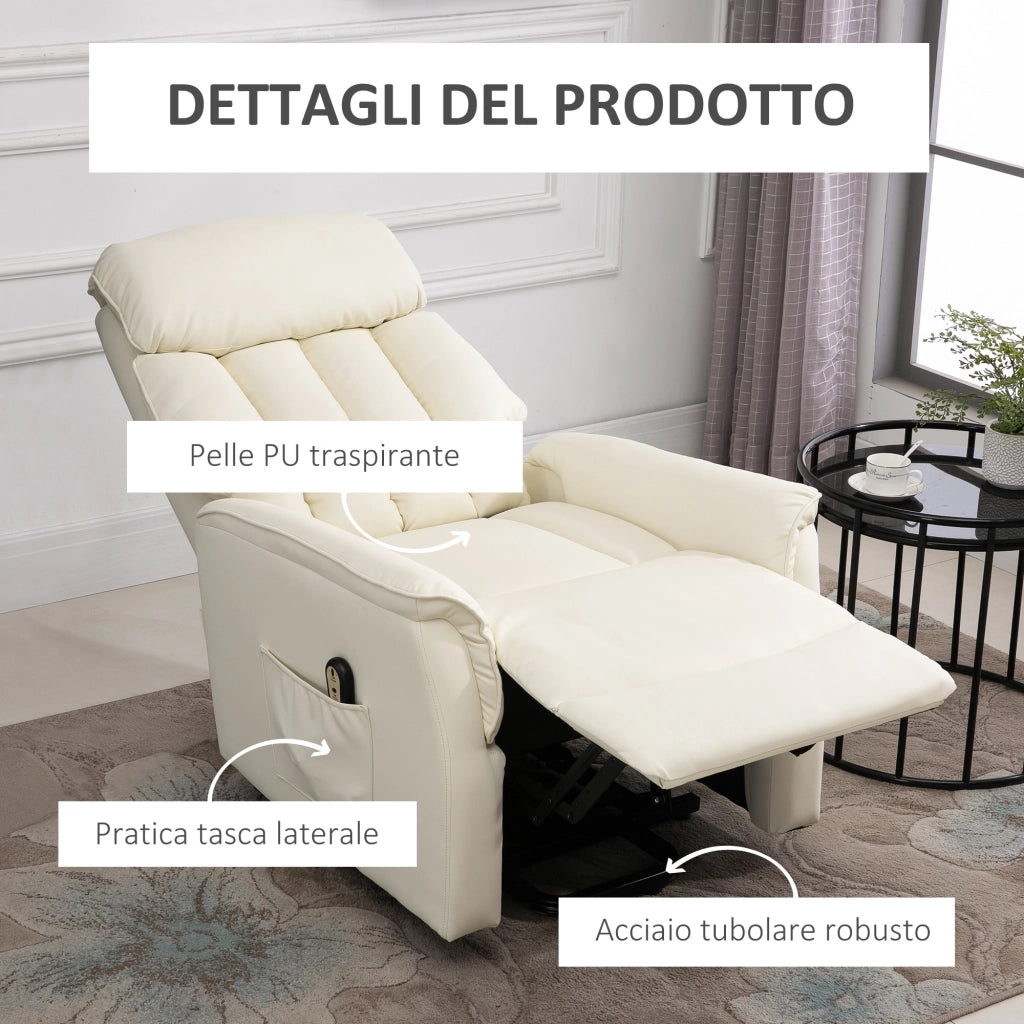 Poltrona Elettrica Reclinabile Alzapersona ¨C zephmum ¨C Crema Pelle PU con Telecomando e Poggiapiedi