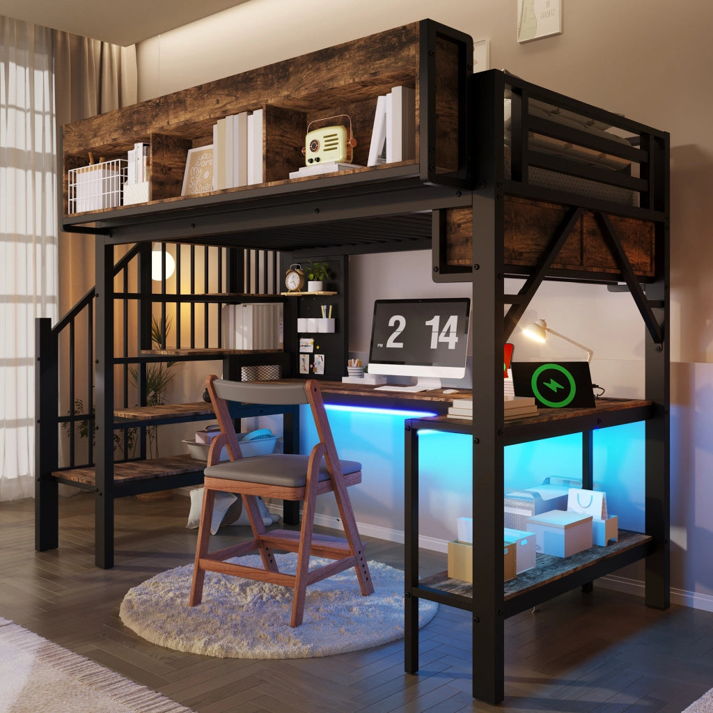 Letto a Soppalco con Scrivania e LED ¨C MINIMAL ¨C 90x200, Legno, Nero, Presa USB