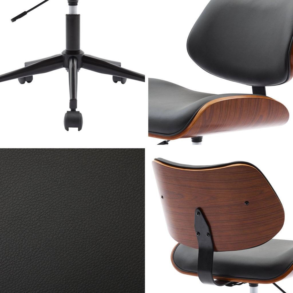 Sedia da ufficio con rotelle, effetto legno curvato e similpelle, nero