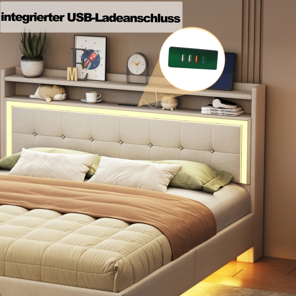 LETTO imbottito 140x200 cm beige in lino con USB e luci LED