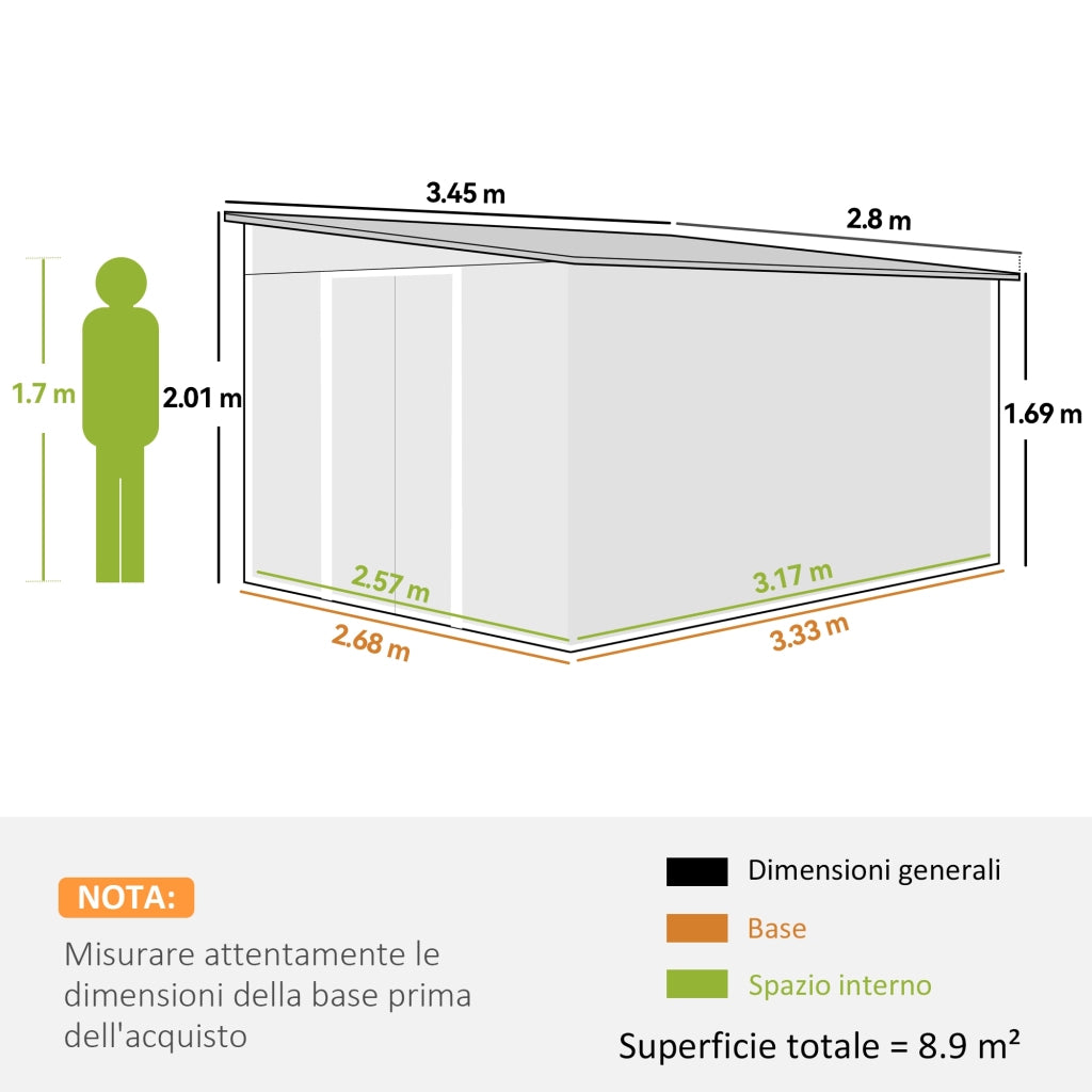 Casetta da Giardino con Porta Scorrevole ¨C Xylo ¨C Acciaio Verde 345x280x169cm