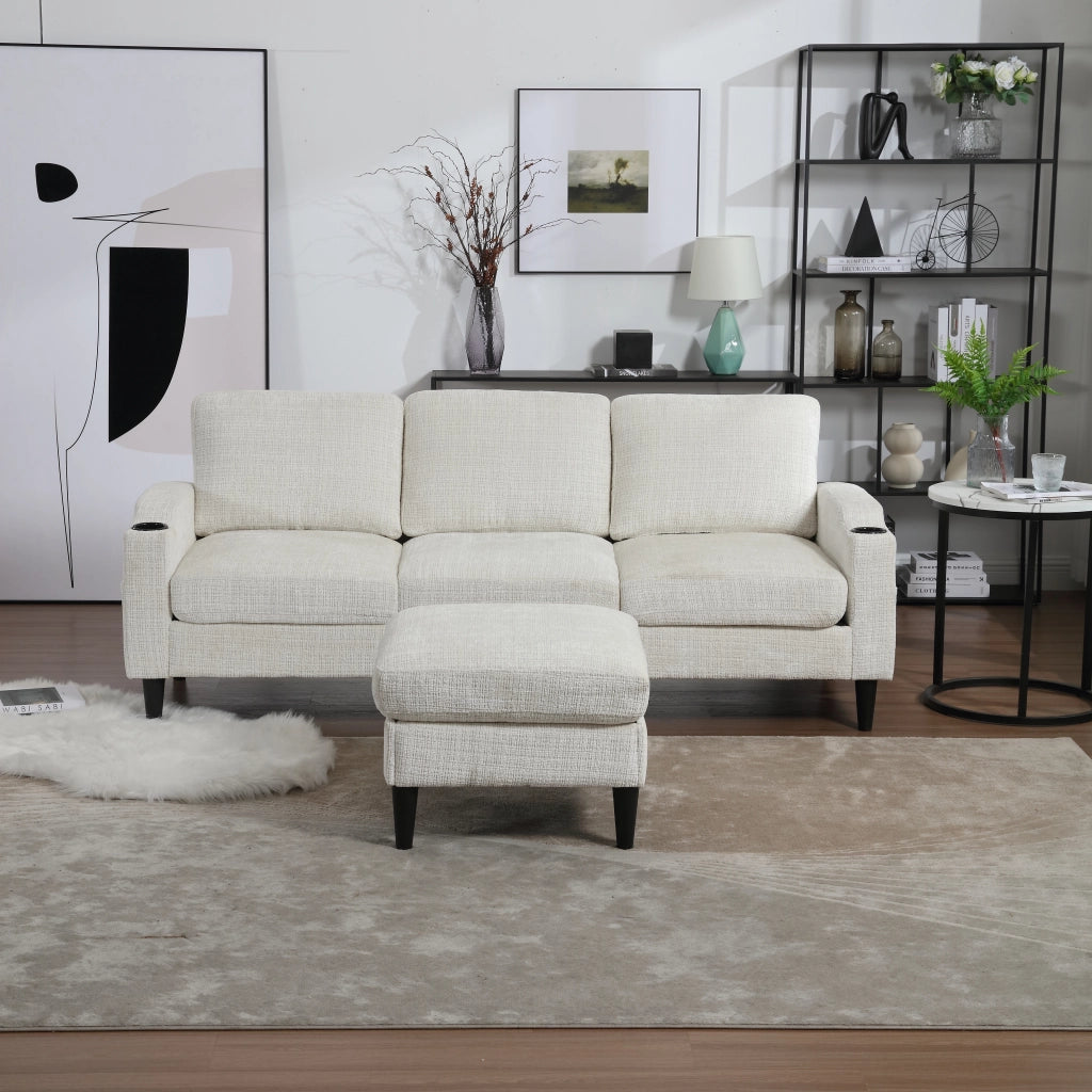 Divano 4 Posti con Poggiapiedi e Contenitore ¨C MINIMAL ¨C Velluto, Braccioli, Portabicchieri