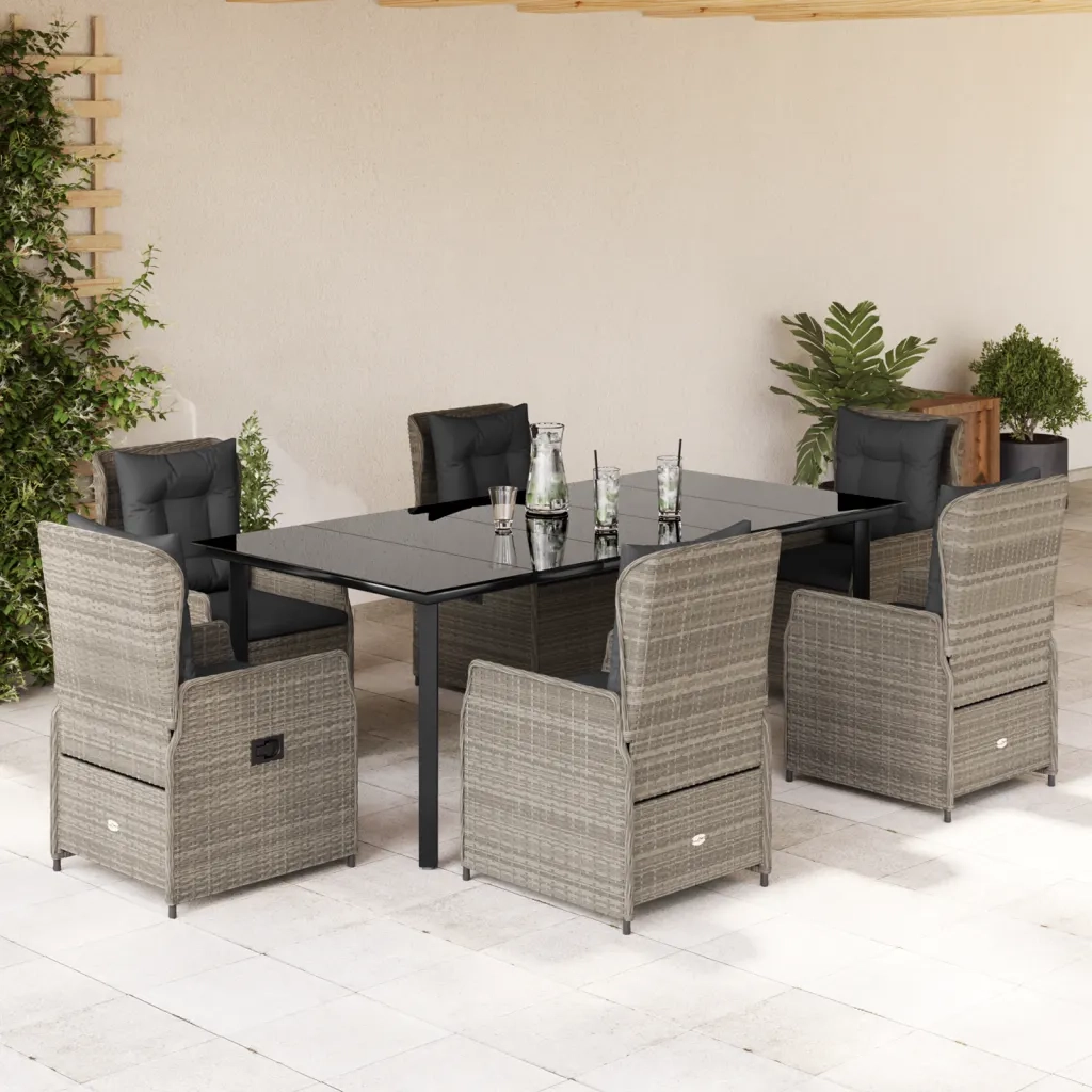 Set da Pranzo da Giardino 7 pz Cuscini Polyrattan Grigio Chiaro