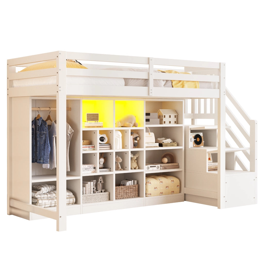 LETTO A Soppalco 90x200 cm in Legno Bianco con Armadio, Ripiani e LED