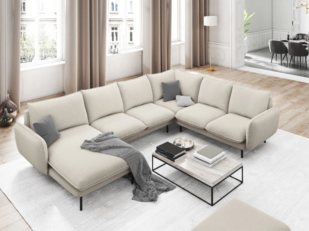 Cosmopolitan Design - Divano panoramico destro "Vienna" 7 posti in tessuto strutturato beige chiaro 