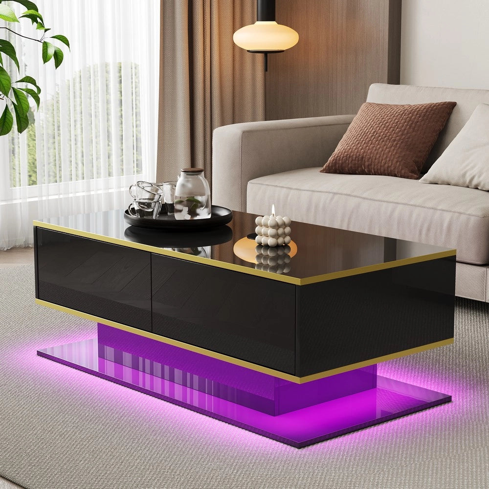 Tavolino da Caff¨¨ con LED e Cassetti ¨C MINIMAL ¨C Bianco Lucido, 100 cm