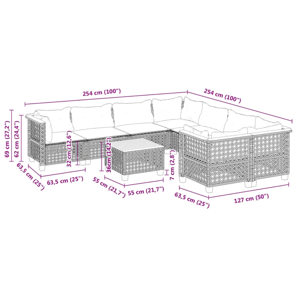 Set Divano da Giardino 9 pz con Cuscini Grigio in Polyrattan 3261777