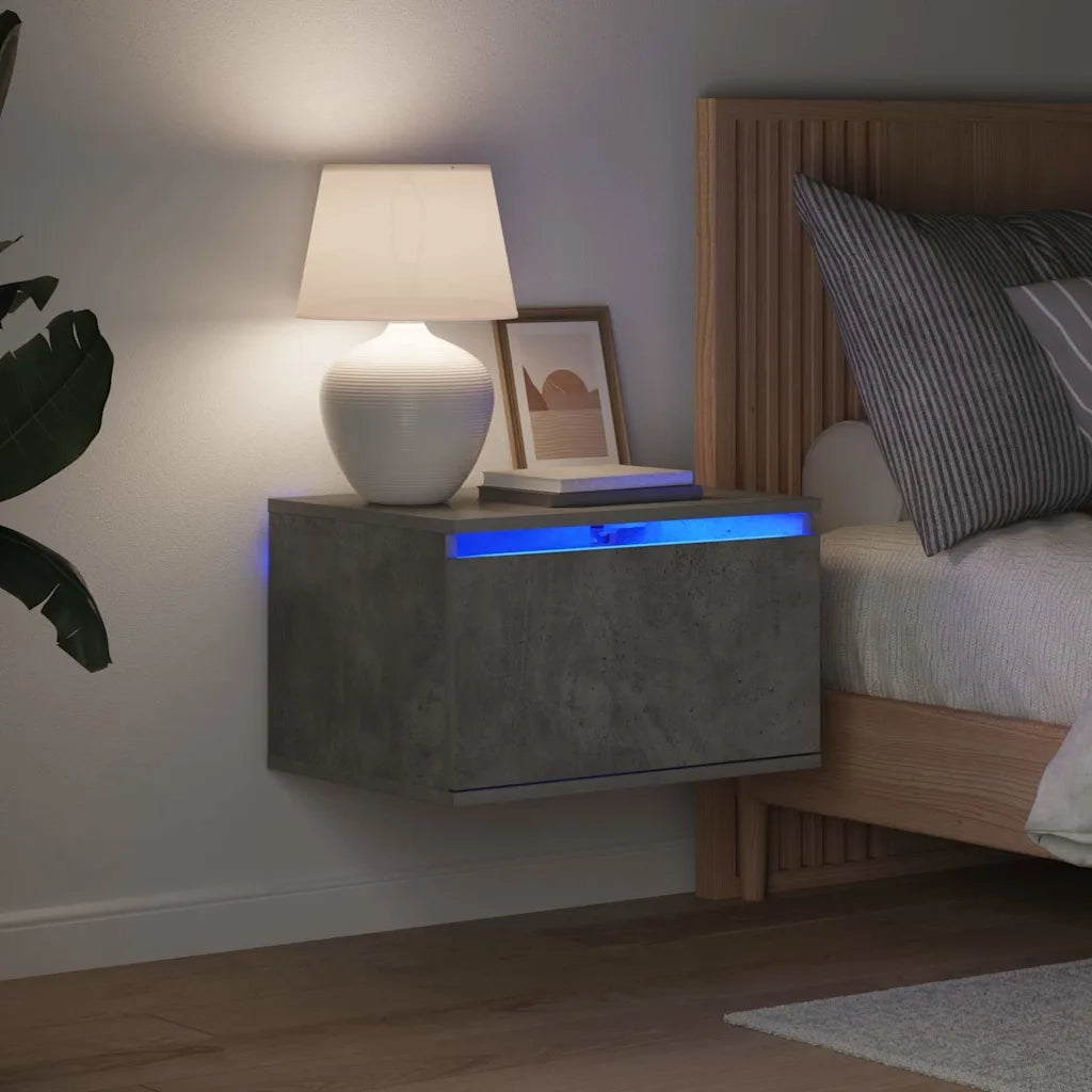 Set di 2 Comodini | Armadio da Notte | Mobiletto da notte a Parete con Luci LED Grigio Cemento