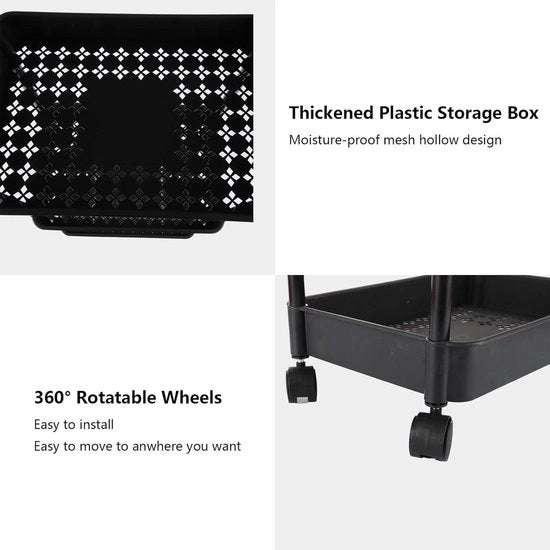 Carrello a tre livelli in plastica con ruote e maniglia per servizio, nero per cucina e bagno.