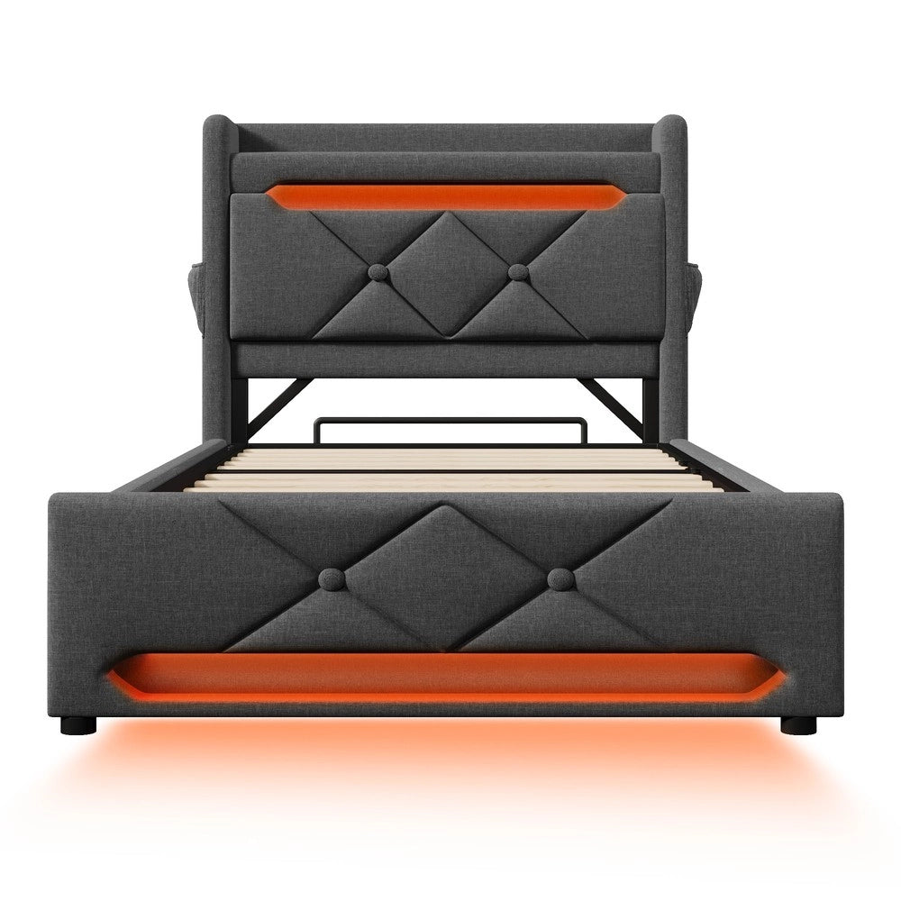 Letto Singolo Imbottito Contenitore con LED e USB ¨C MINIMAL ¨C Grigio, Tessuto, 90x200