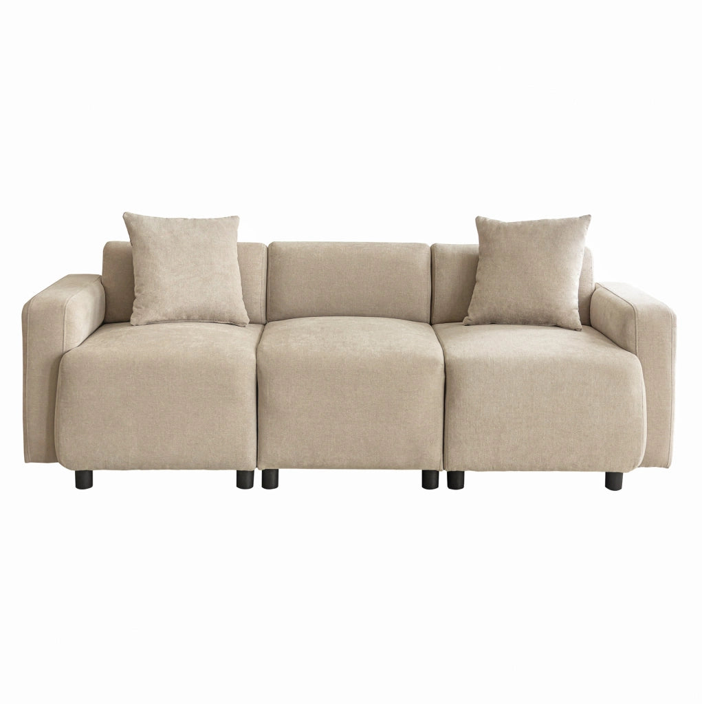 Divano a 3 posti in ciniglia beige con cuscini; design moderno; 211x67x71 cm